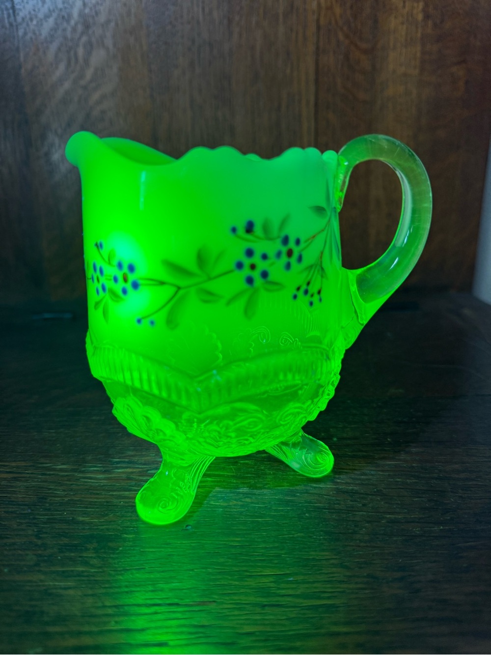 Antique Victorian Opal Uranium Glass Hand Painted Berry Creamer, 3 Footed, Glows